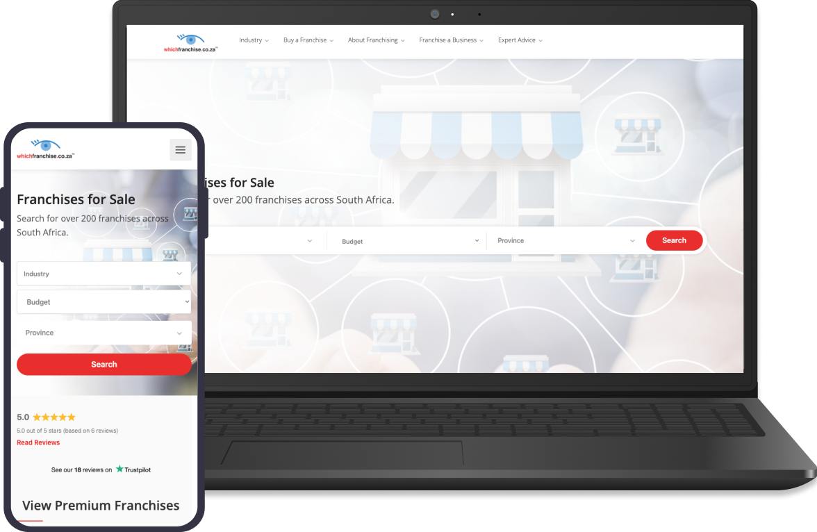Preview of the WhichFranchise SA website on a laptop and a phone.